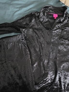 Betsey Johnson Black Velvet Button-Front Top with Pink Logo Trim